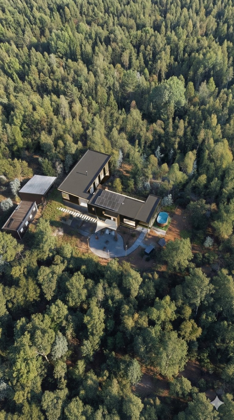 Vivienda en bosque con paneles solares